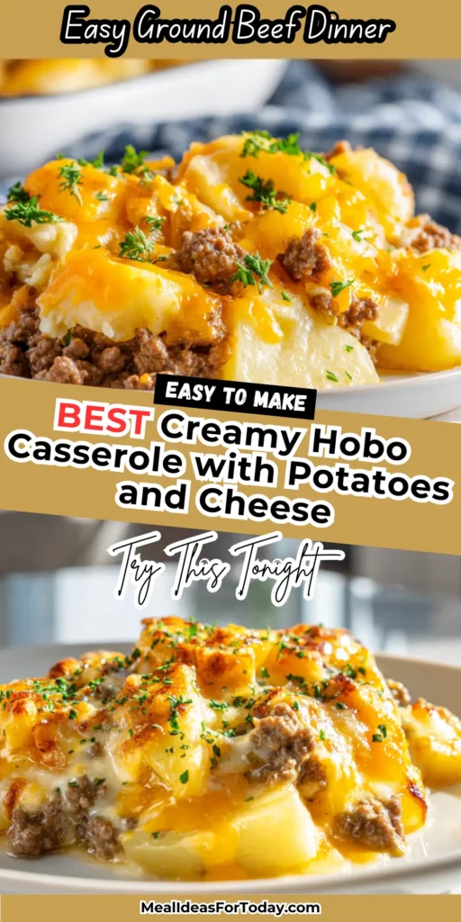 Hobo Casserole with Potatoes and Cheese 2 Close up of Hobo Casserole with Potatoes and Cheese a creamy ground beef casserole topped with melted cheese served hot for dinner