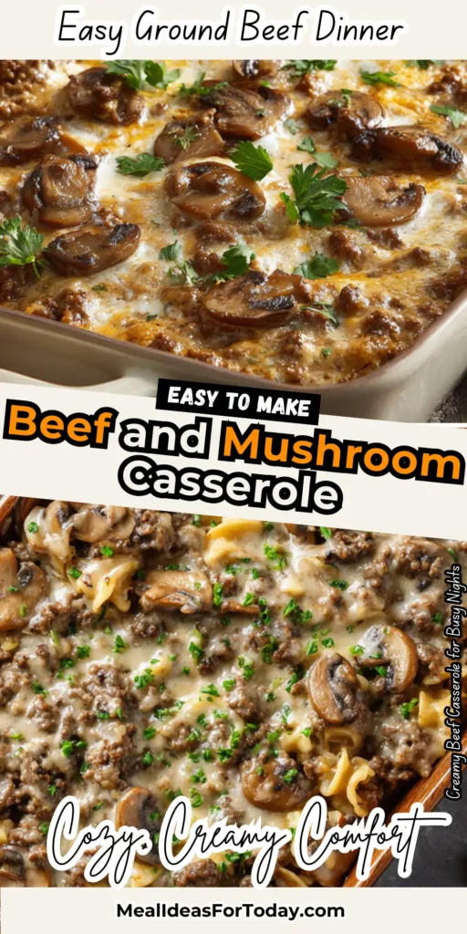 Creamy Beef and Mushroom Casserole 2 Creamy Beef and Mushroom Casserole baked golden with cheese and parsley perfect for Easy Hamburger Meat Recipes and Ground Beef Casserole Recipes