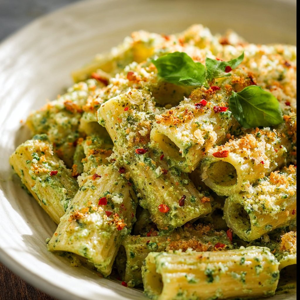 Creamy Pesto Rigatoni with Chili Garlic Breadcrumbs - The Chutney Life