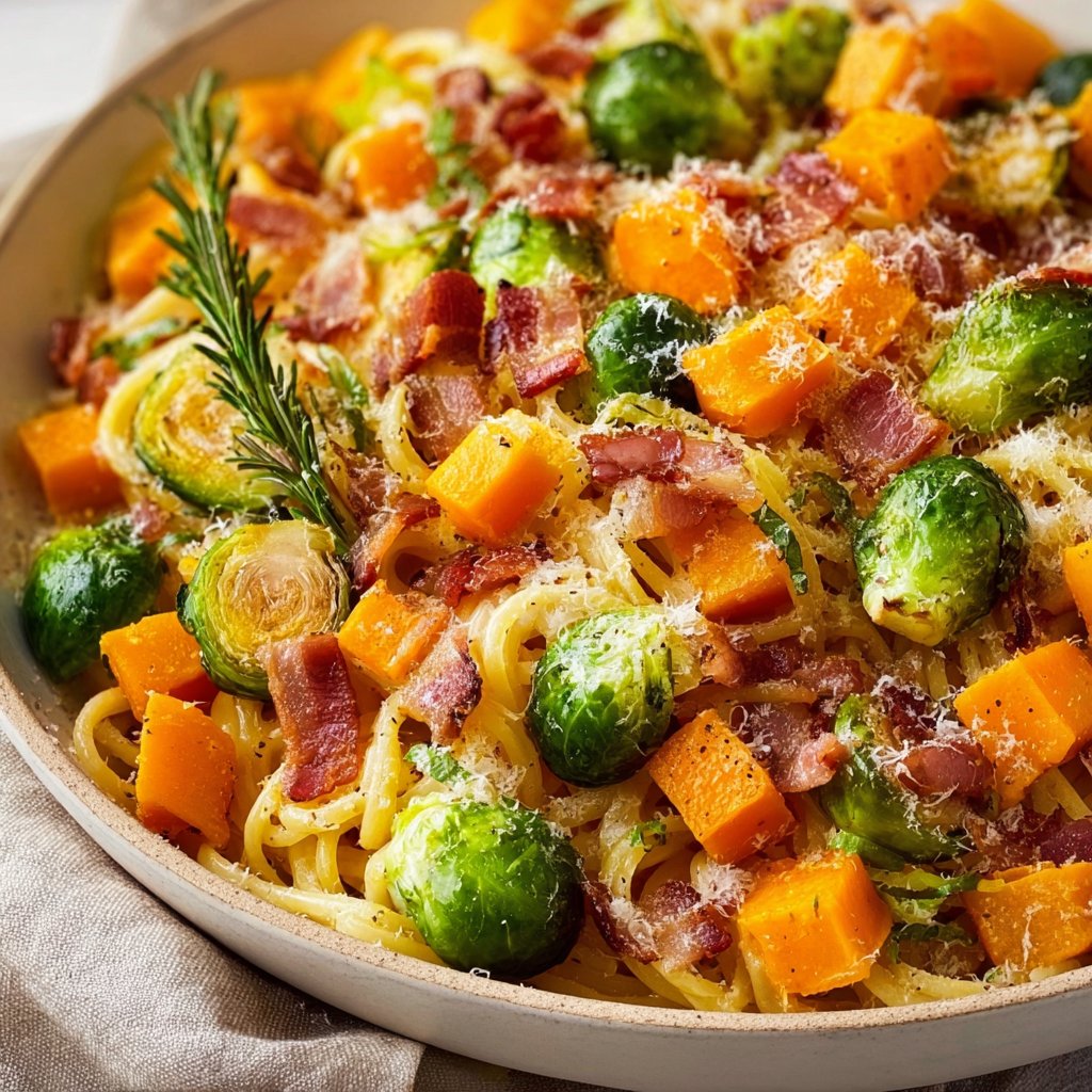 Bacon, Brussels Sprouts, Butternut Squash Pasta