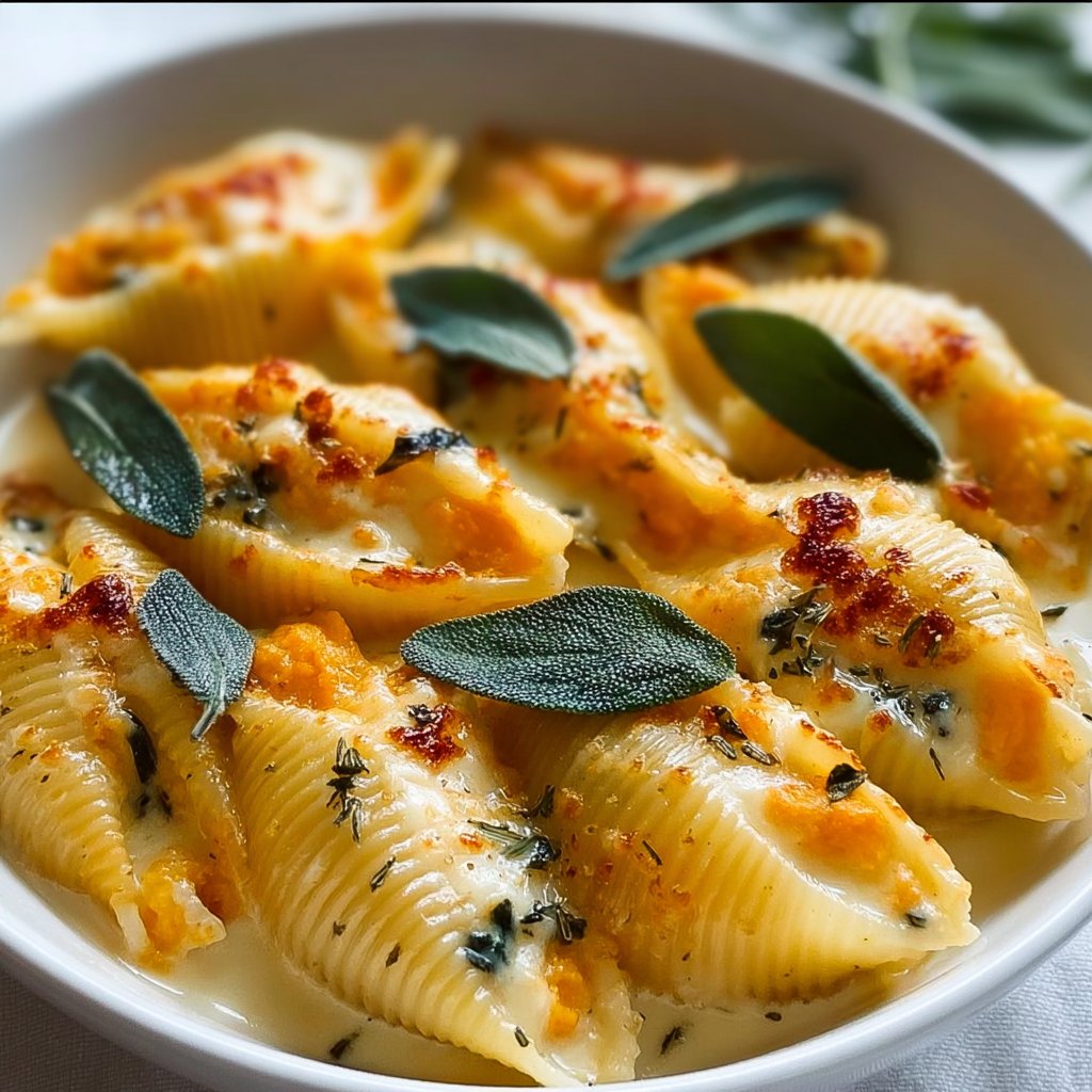 Pumpkin & Gouda Stuffed Shells With Brown Butter & Sage Alfredo Sauce