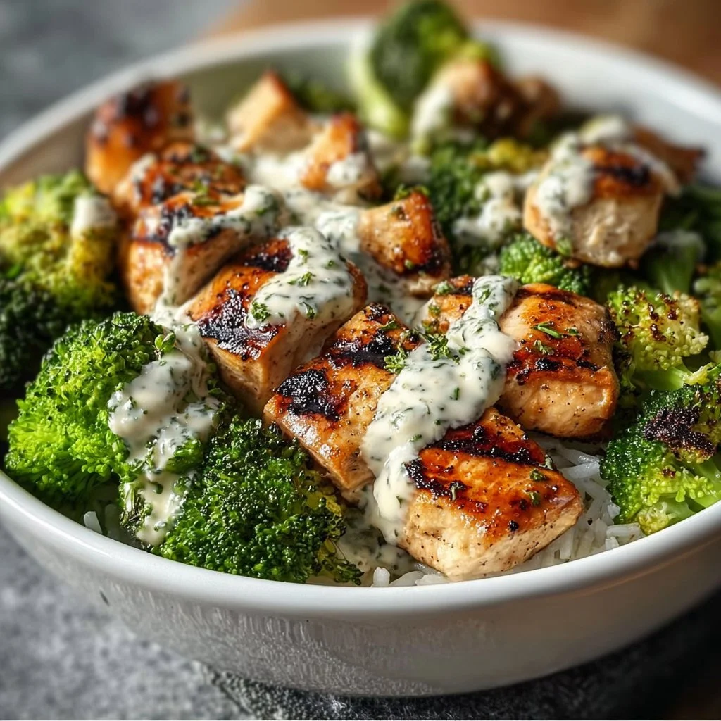 Grilled Chicken and Broccoli Bowls 2 Grilled Chicken and Broccoli Bowls with Creamy Garlic Sauce